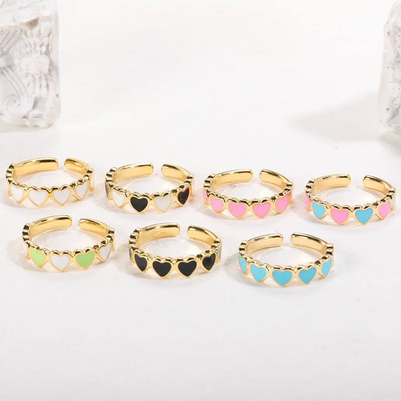 Simple Copper Gold Plated Colorful Enamel Love Heart Finger Ring Cute Drip Oil Heart Open Adjustable Rings For Women Girls