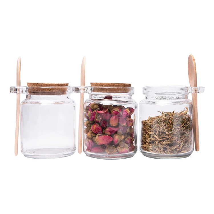 Empty 8.5oz Bath Salt Seasoning Storage Glass Jars with Cork Stopper Wood Spoon