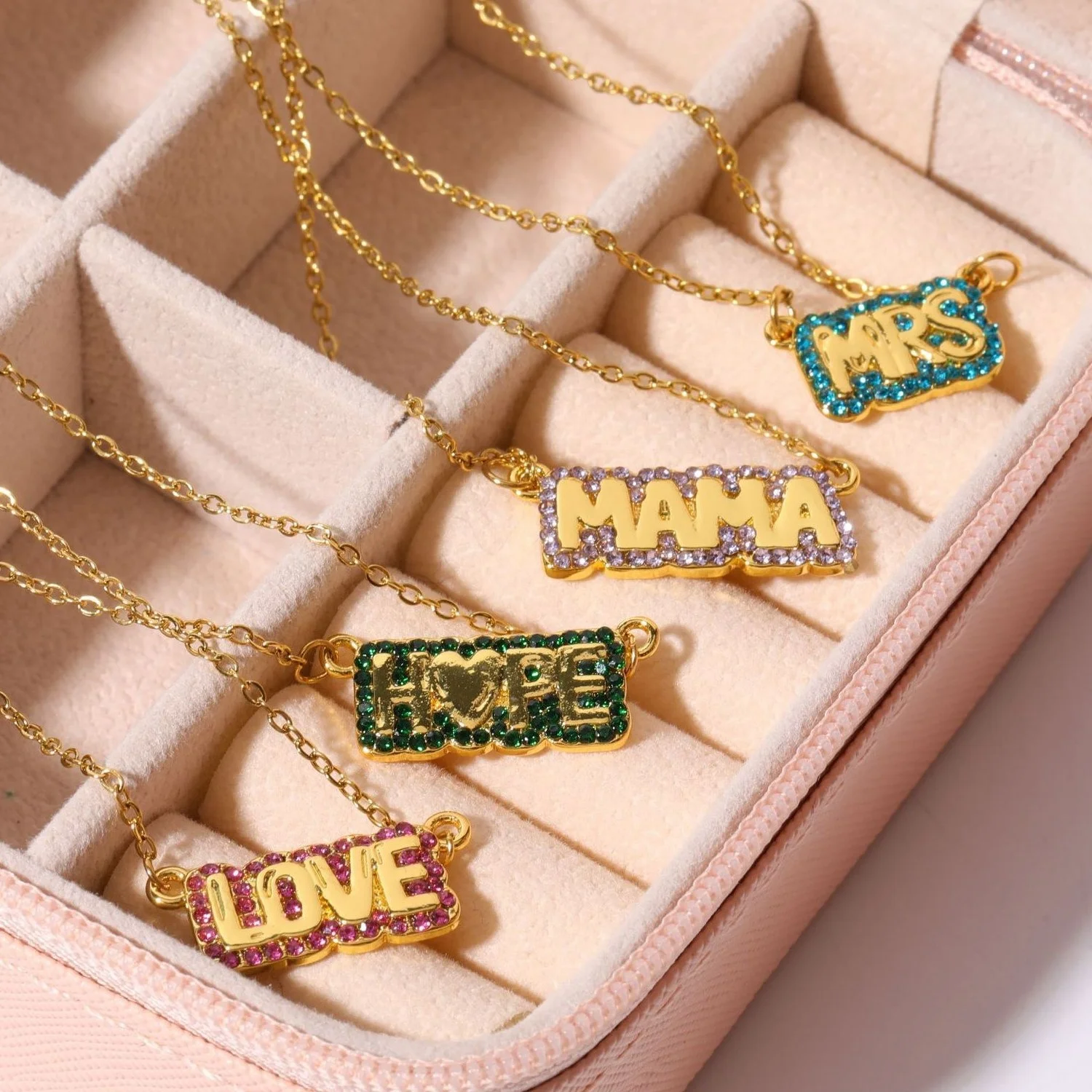 Dr. Jewelry Tarnish Free 18K Gold Plated Titanium Steel Colored Rhinestone Positive Words Hope Love MAMA Necklace for Her