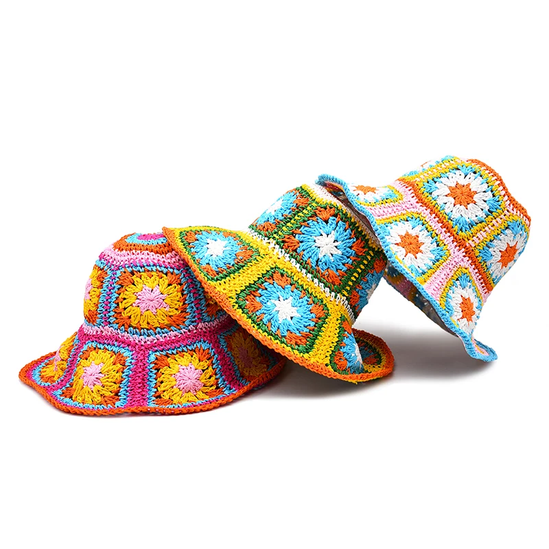 2023 Hot Sell Women Straw Sun Hat Wholesale Foldable Floral Woven Bucket Hat Fishing Beach Hats