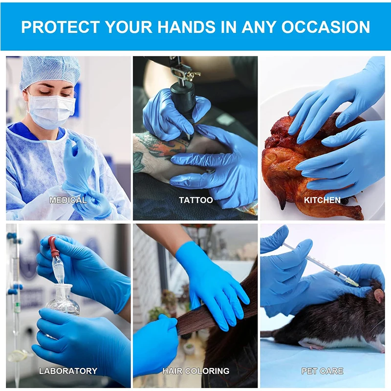 200Pcs Food Grade Medical Examination Blue Disposable Nitrile Gloves Powder Free Latex Free