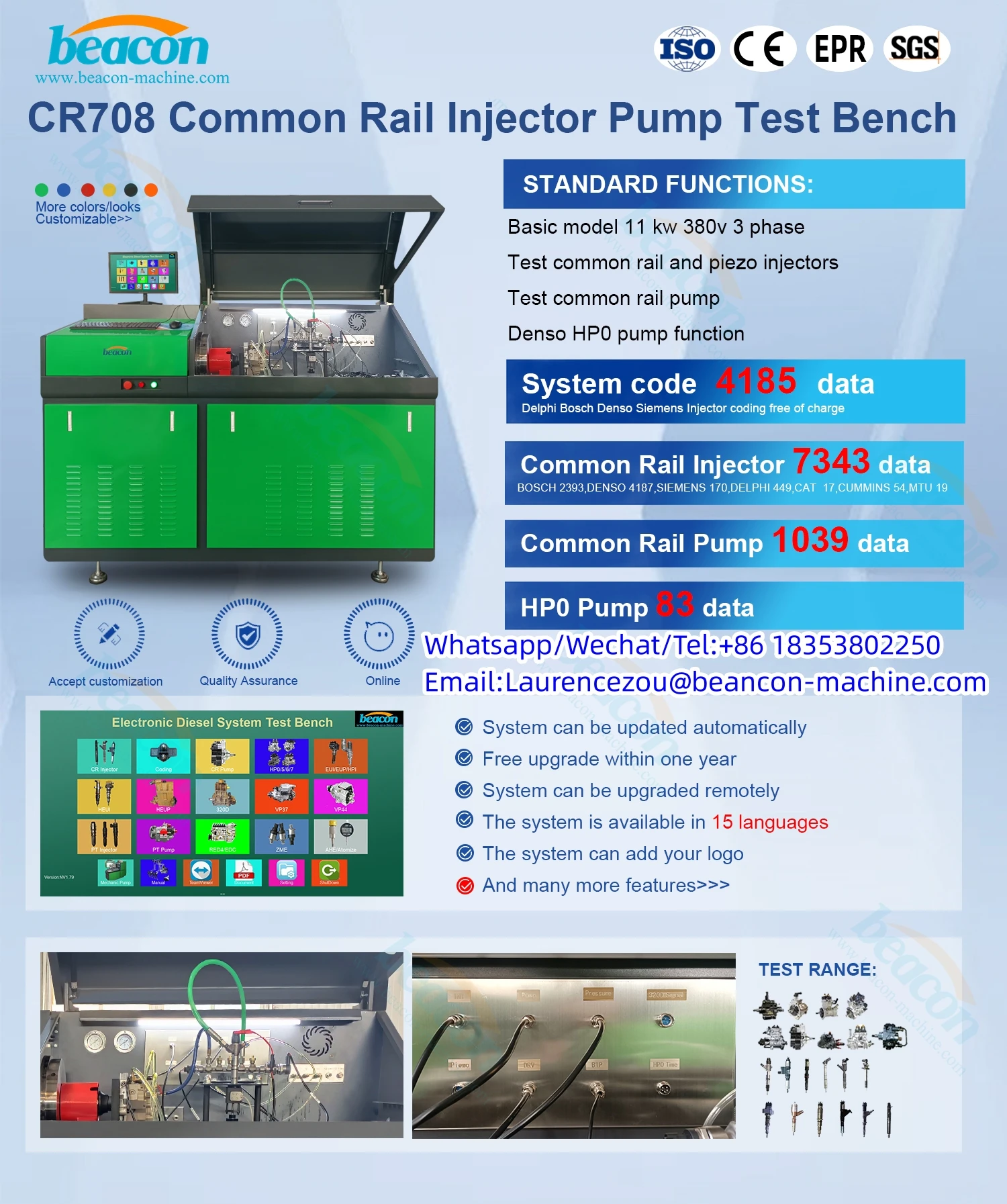 Beacon diesel fuel common rail injection pump test bench CR708 testing common rail and pizeo injector and EUI EUP HEUI function