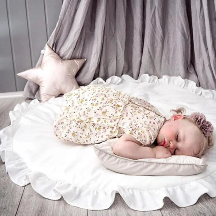 Baby Crawling Blanket Round Solid Color Ruffle Rim Soft Cotton Pad