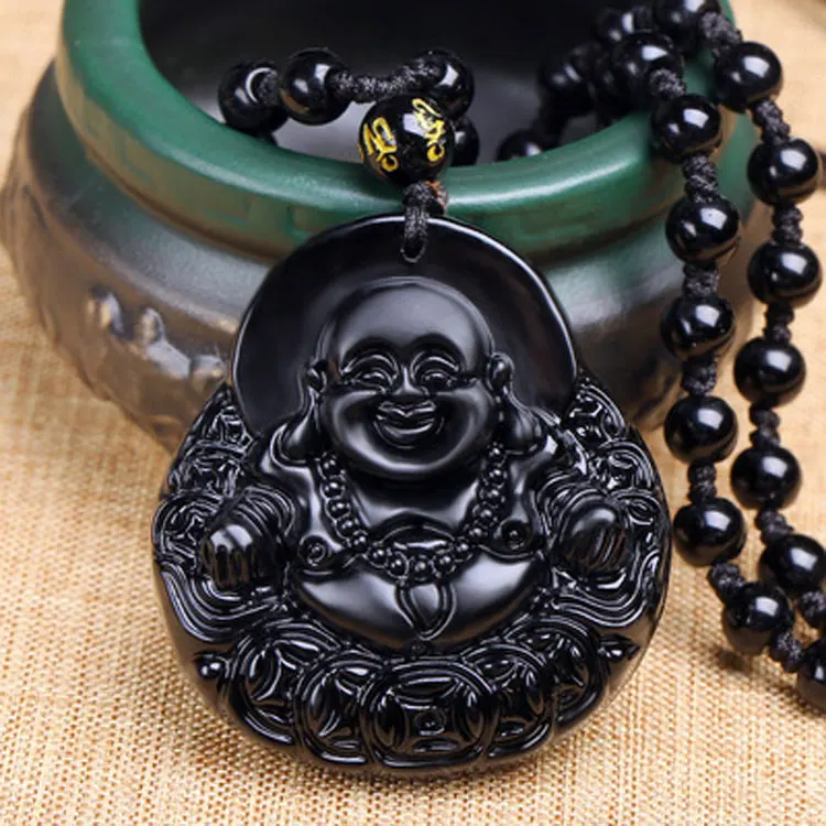 Wholesale Dainty Jade Buddha Statues Necklace Jewelry Natural Obsidian Beaded Hand Engraved Black Laughing Buddha Necklace Women