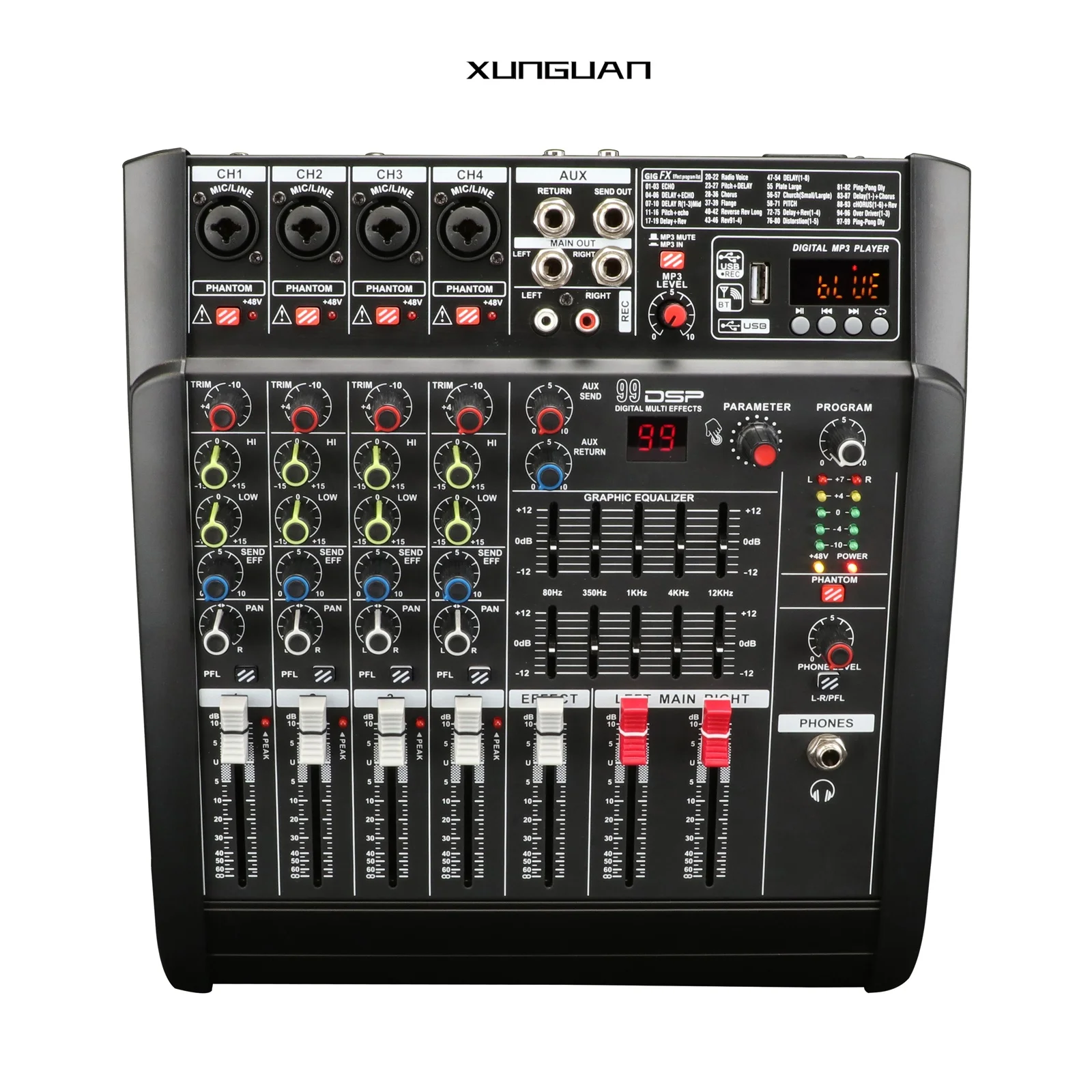 RAM402D Popular-design Mini 4 channels Audio Power Mixer With 2EQ equalizer/99 DSP Effects/250W*2CH/5.0 Bluetooth