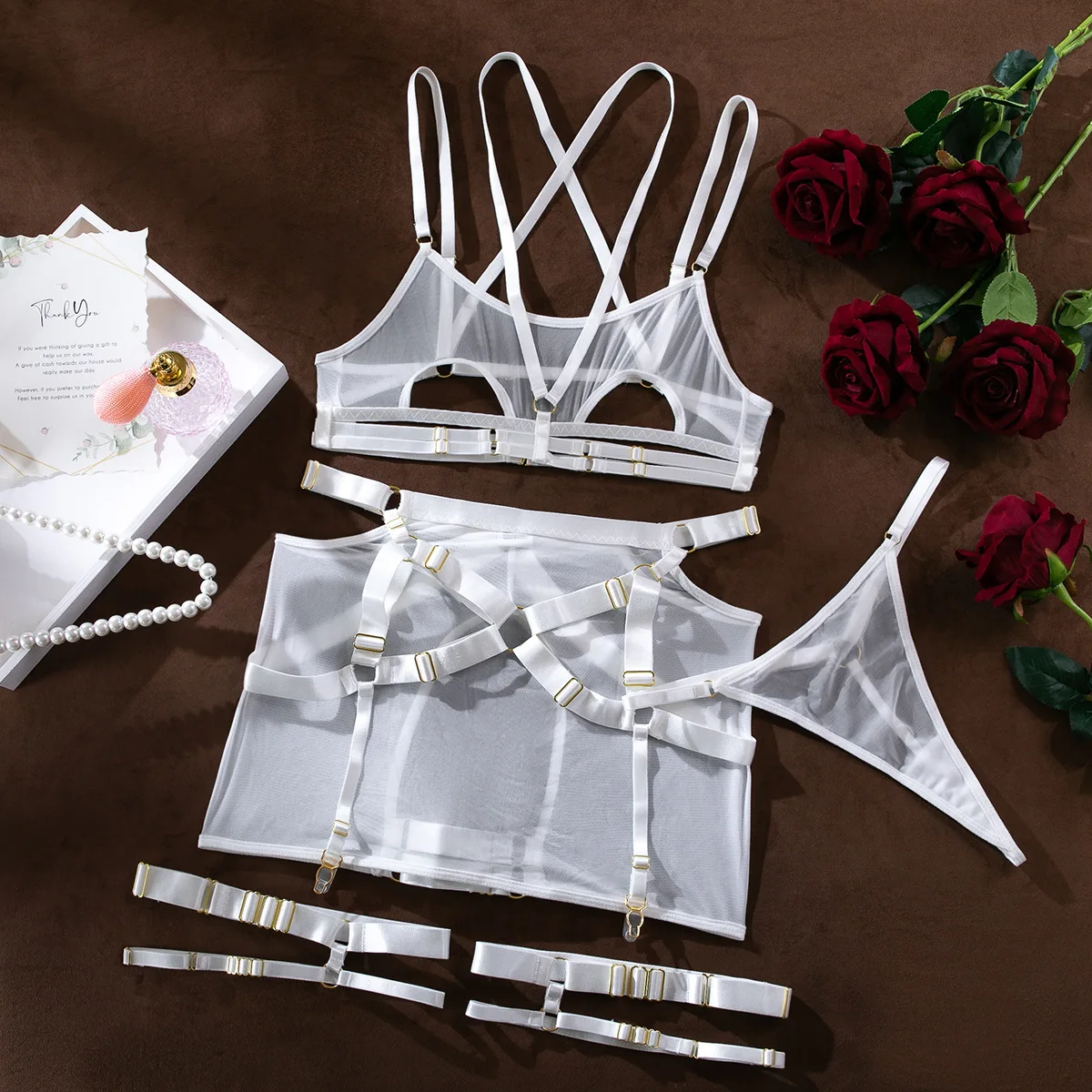 Female black bow lingerie hot nightclub girl cutout young ladies five piece set grated sexy gloves