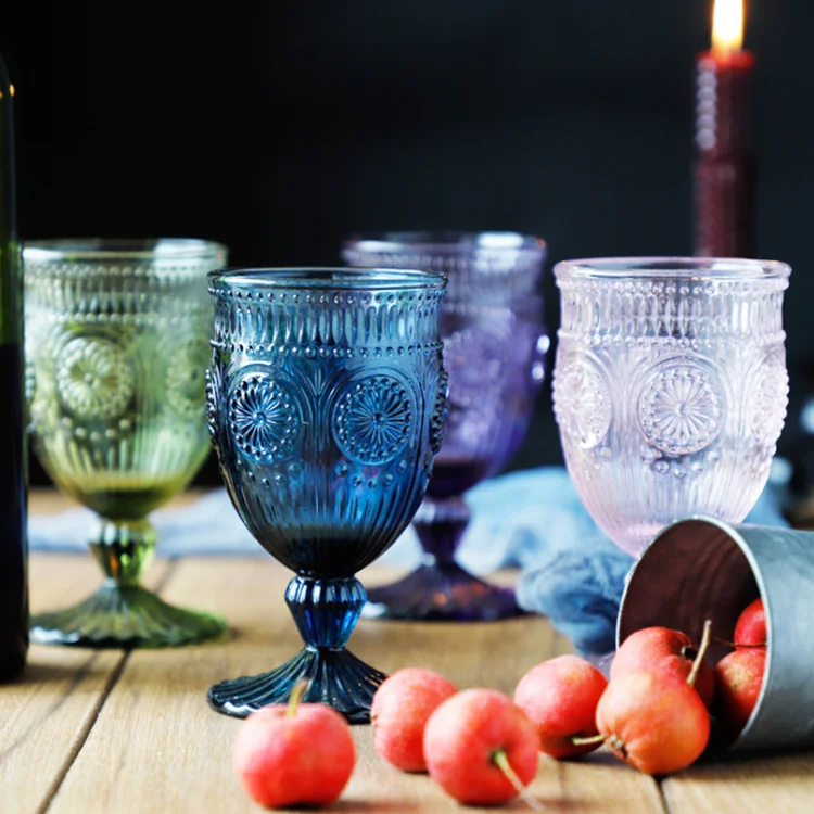 Aeofa Colorful glass vintage sunflower pattern retro glass goblet wine glass red wine goblets glassware wedding 330ml