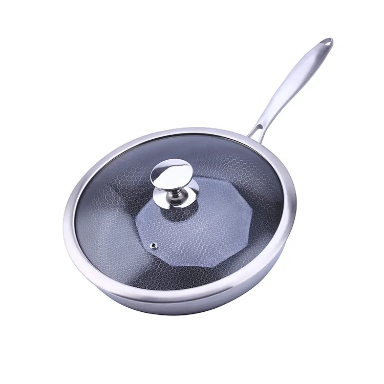 Top Fashion Quick Release Tri-ply Stainless Steel cooking Wok with lid honeycomb non-stick frying pan with induction cookware