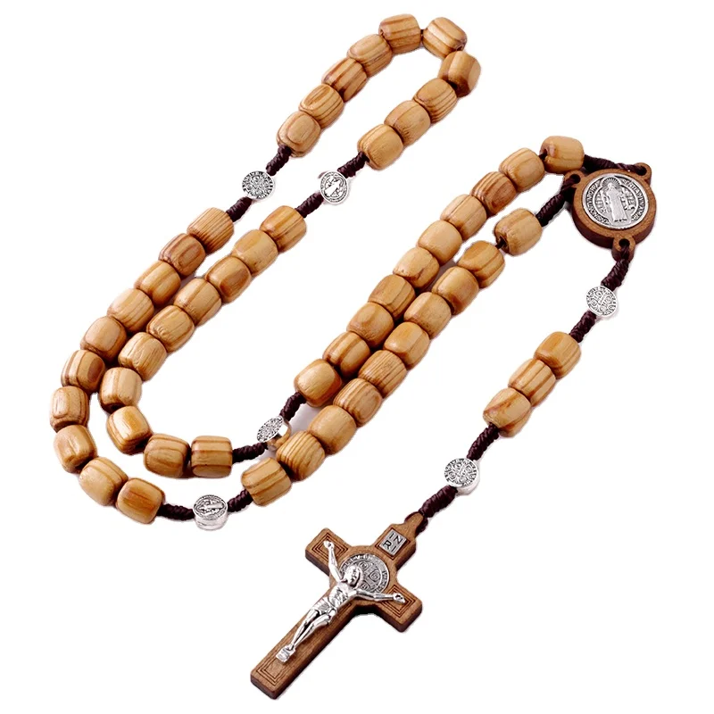 10*10mm dia Cylinder Beads Wooden Beads Knot Woven Rugged Rosary Religious Catholic Gifts Men Prayer Charm St.Benedict Necklace