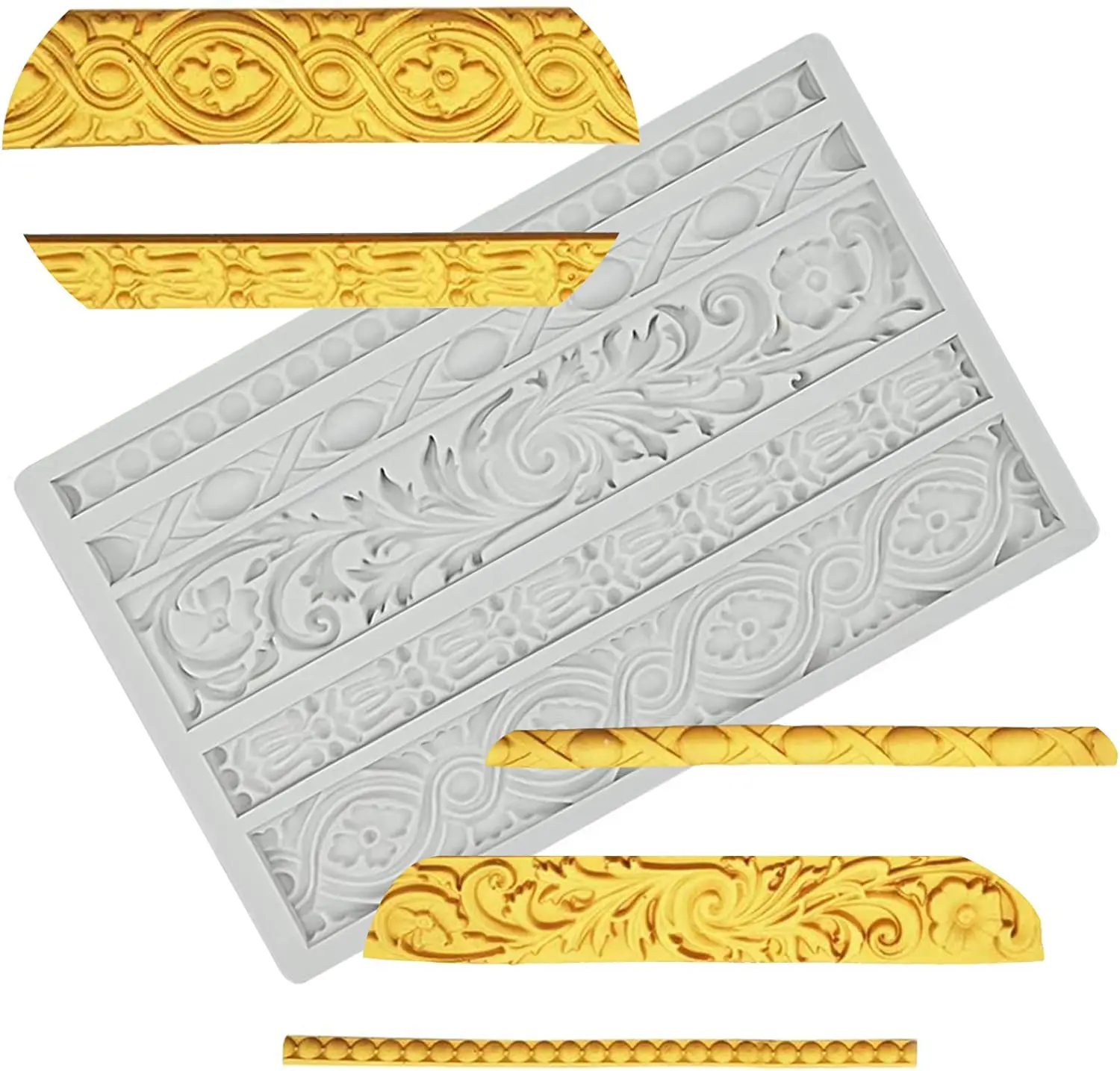 Baroque Scroll Relief Cake Border Vintage Curlicues Fondant Flower Frame Edible Lace Mould Mat for Candy Baking Silicone Molds
