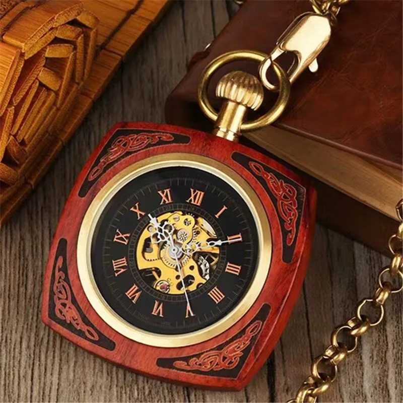 Without Cover Large Square Shape Red Sandalwood Zebra Wood Bass Two Tone Mechanical Pocket Watch