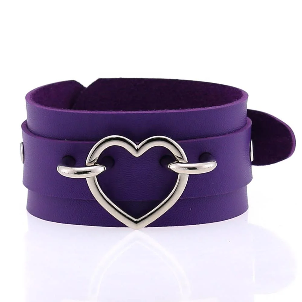 Punk Goth Double Layer PU Leather Wrist Bracelet Heart Buckle Anime Sexy Bondage Bangles