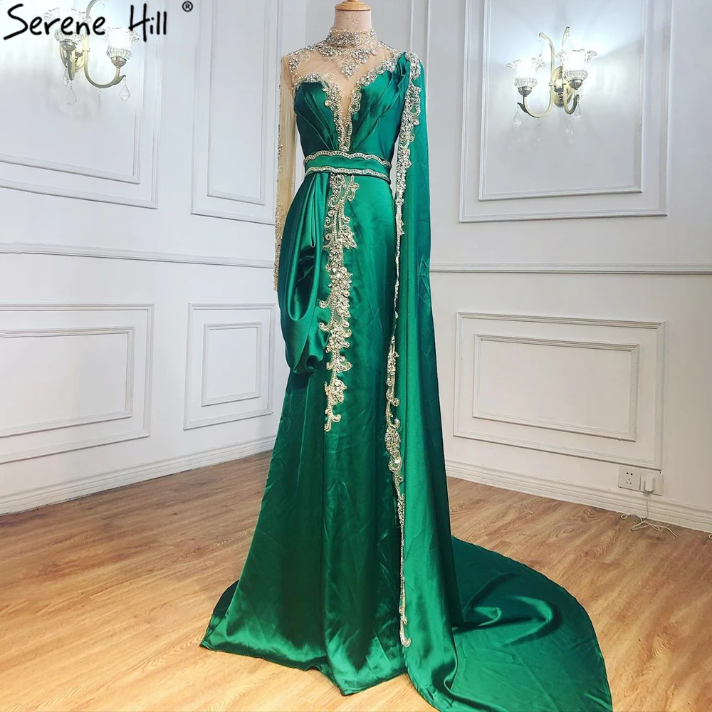 2021 High Collar Beaded Long Satin Green Mermaid Evening Gowns Serene Hill LA70869 Customize Women Party Dress With Side Train