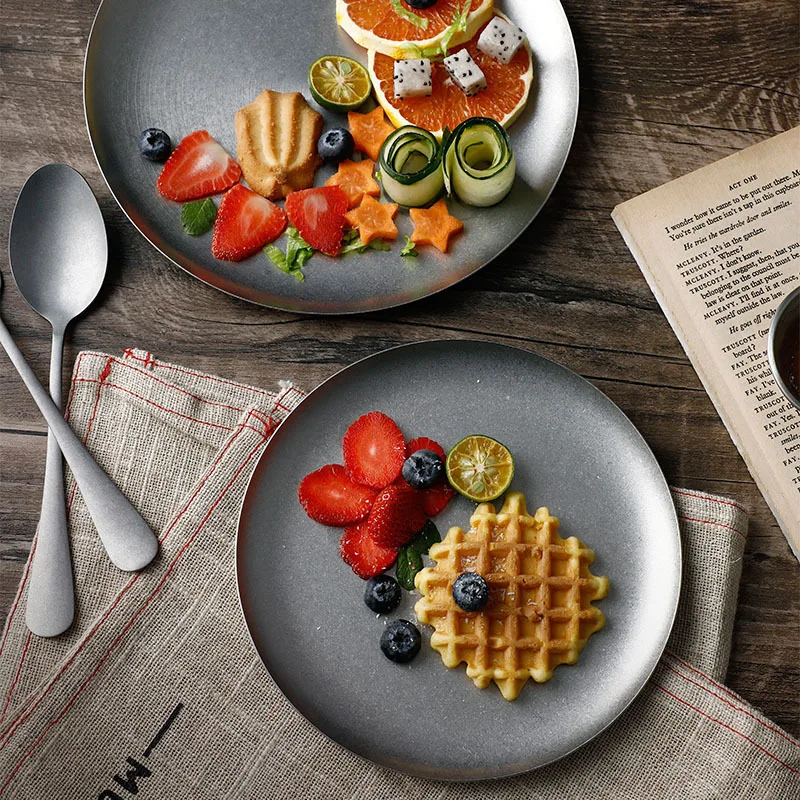 FT0036 Vintage Stainless Steel Plates Round Trays Outdoor Camping Cutlery Make Old Industrial Style Dinner Plates