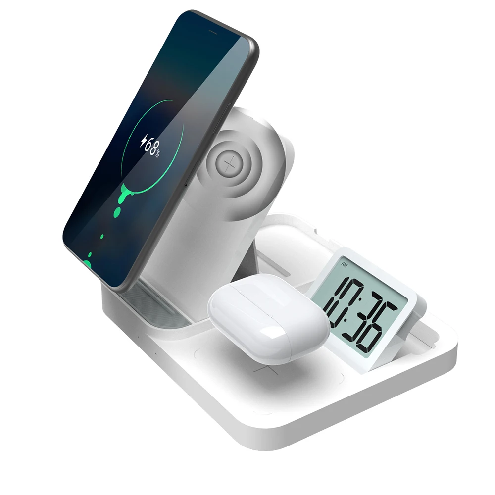2021 New Products Hot Selling on Amazon 3 in 1 Fast Qi Wireless Charger with LED Digital Display Alarm Clock Wireless Charger