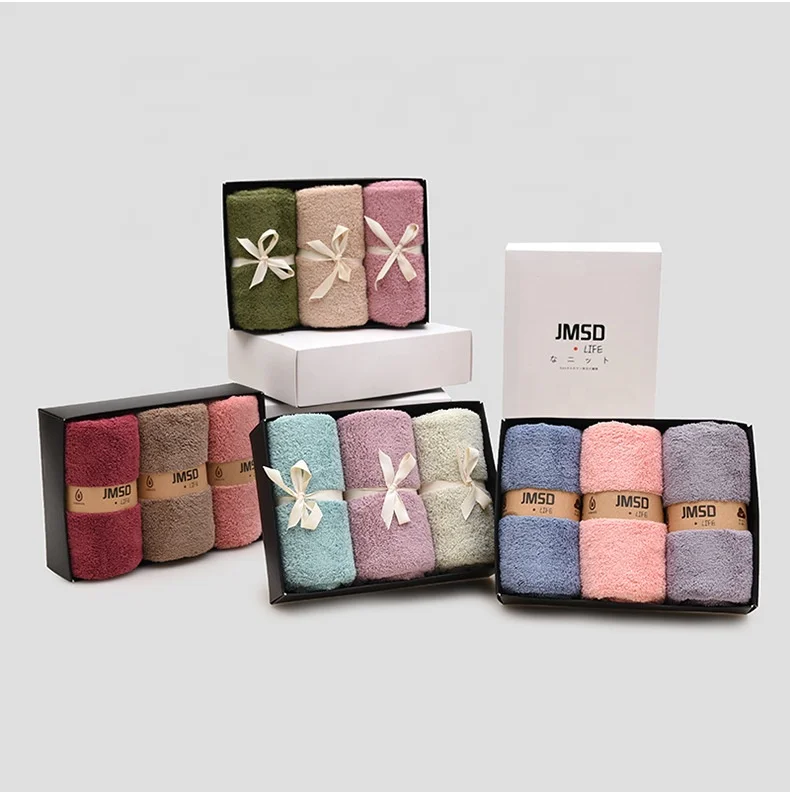 
Custom high quality luxury magic absorbency microfiber coral fleece face hand hair bath cleaning towel in gift box 3pk 