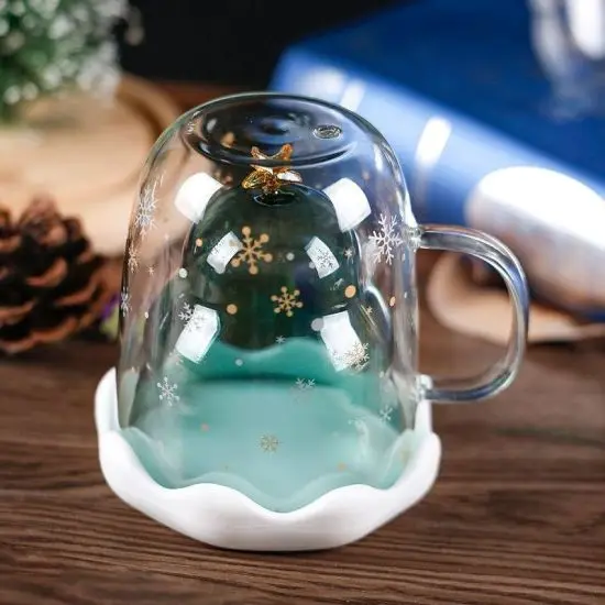 Coffee Mug Creative Ceramic Cup with Cute Christmas Design Custom 300ml Mugs Christmas Tree Shaped Double Wall Insulated Glass