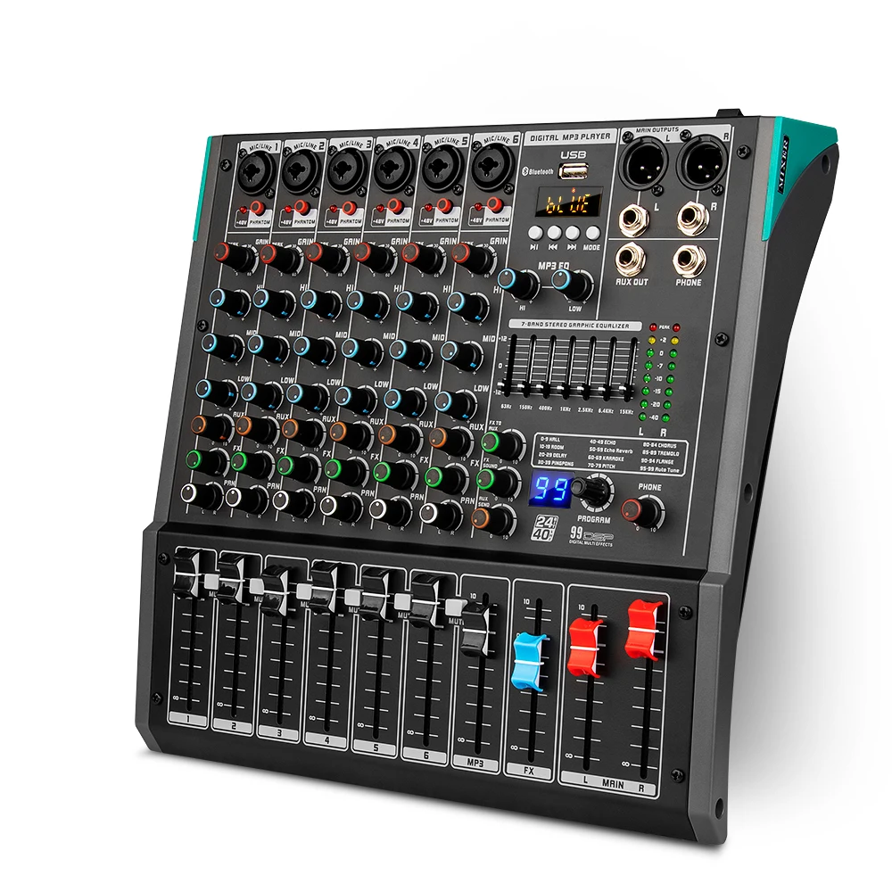 PA6 Professional USB Console Mixer 6 Channel Digital Powered Audio Mixer with Built-in 99 Reverb Effects
