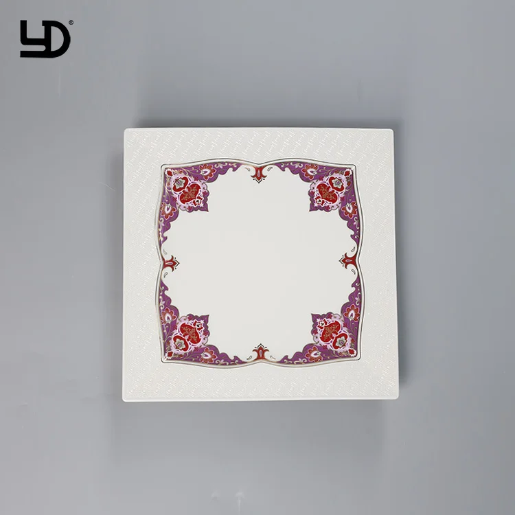 Royal Luxury Ceramic Tableware Dinner Set White Porcelain Embossed Dinnerware With Gold Purple Decal