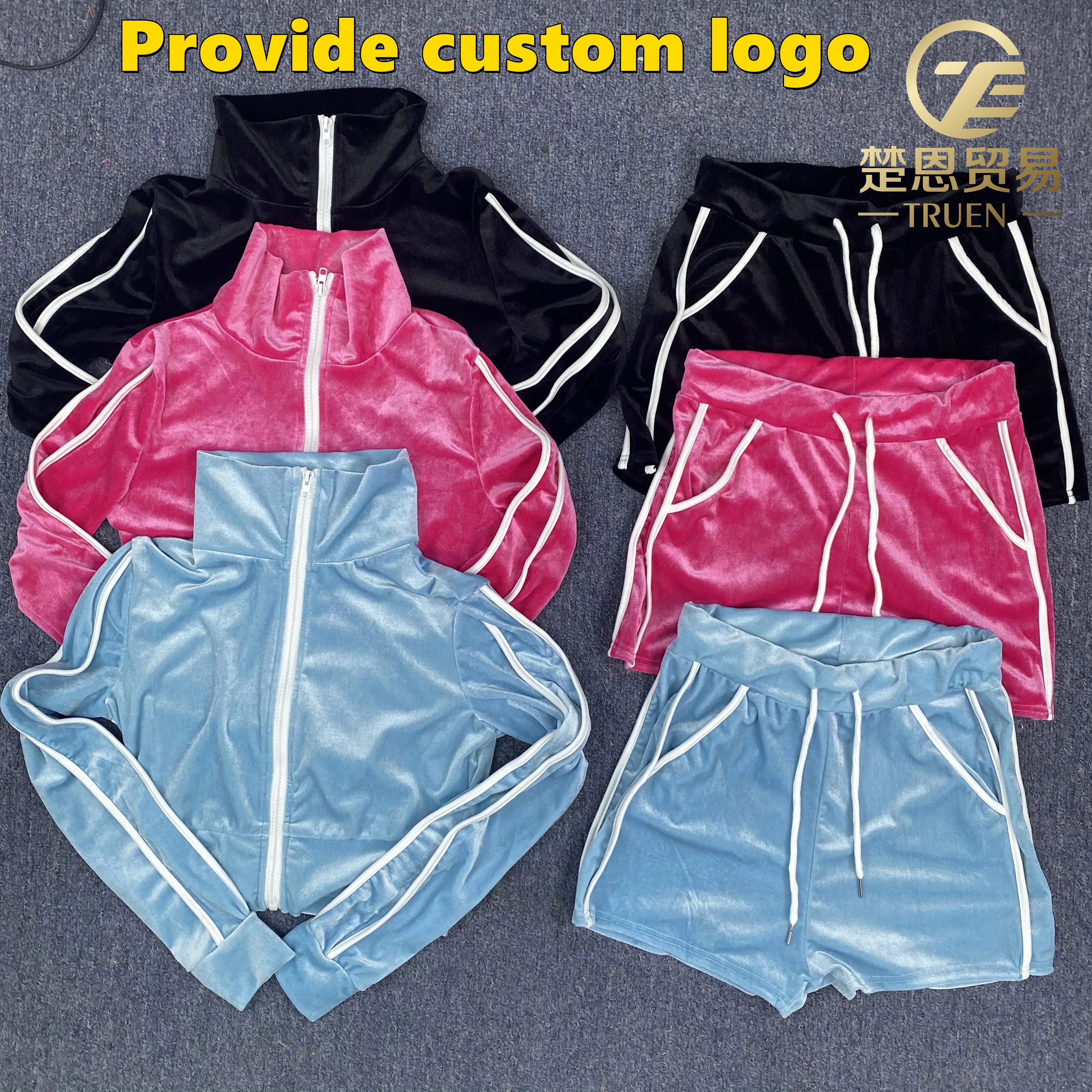 2023 Summer outfits zipper crop top biker shorts velour tracksuit women sweatsuits two piece velvet shorts and hoodie jogger set