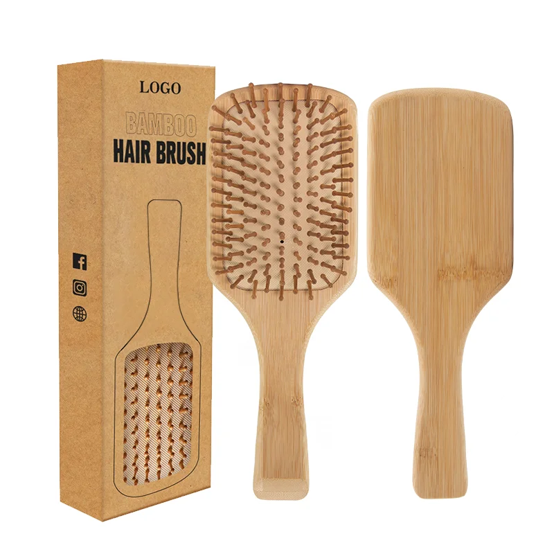 Wholesale Massage Scalp Paddle Hair Brush Private Label Air Cushion Wooden Handle Paddle Brush