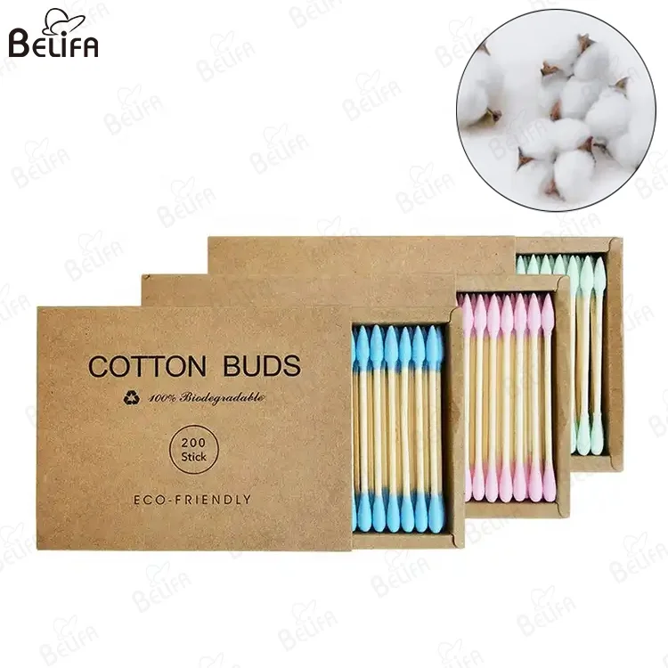 custom oem eco-friendly biodegradable 200pcs/box q tips foam cleaning stick double heads organic bamboo wooden cotton swabs