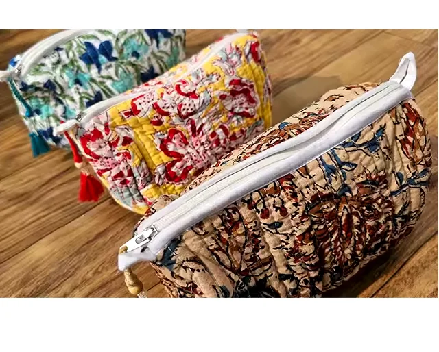 Hand Block Printed Handmade Cotton Quilted Clutch Bag Purses Cosmetic Toiletry Bags Floral Printed New Products 2024