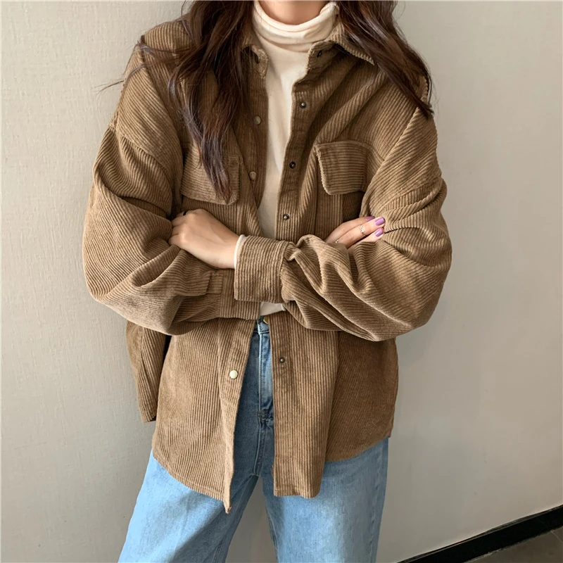 Droma Korean Style Retro Loose Corduroy Shirt Solid Color Bat Sleeve Thickened Female Jacket Coat
