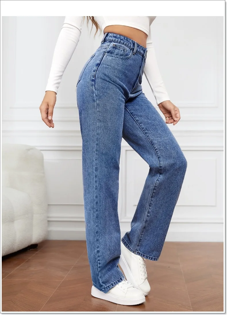 High Street women baggy jeans trousers high rise multi pockets faded washed denim wide leg cargo jeans