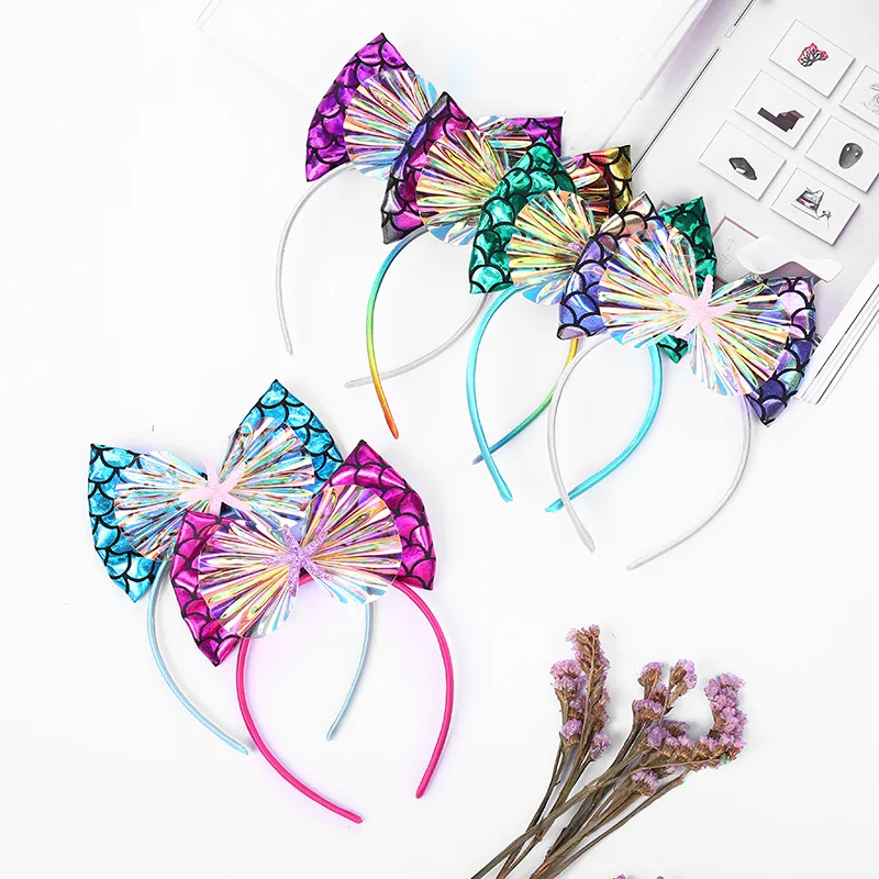 New Style Fish Scale Bow Headband Rainbow Pu Leather Headband For  Party Headdress
