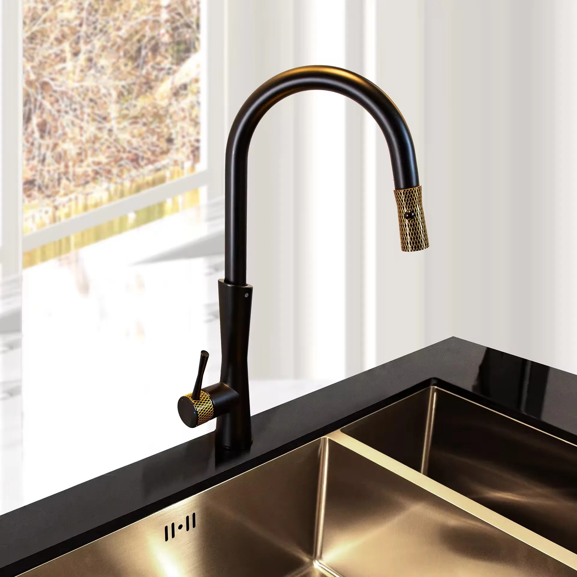Lusa Black+Red Kitchen Hot and Cold Faucet with Pull Sink Accessory Single-Hole Installation Kitchen Faucet