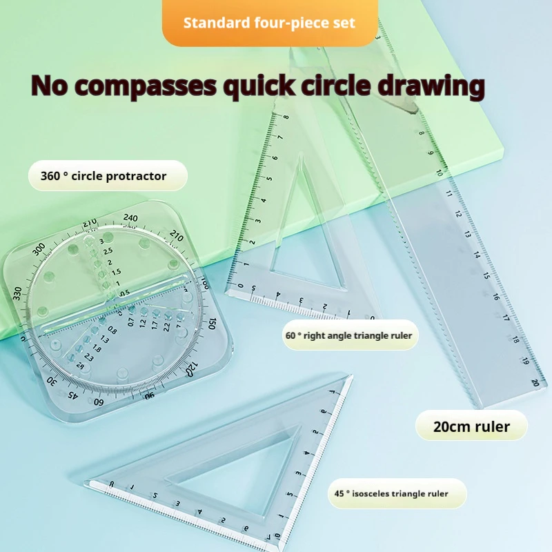 Multi-Functional Four-Piece Transparent Ruler Set: Measuring, Drawing, Teaching Stationery with Wave Ruler and Triangular Plate