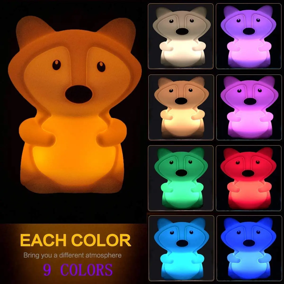 Rechargeable Colorful Cute  Silicone Fox Bear Bunny Koala Unicorn Night Light for Baby Nursery Children Night Light Lamp