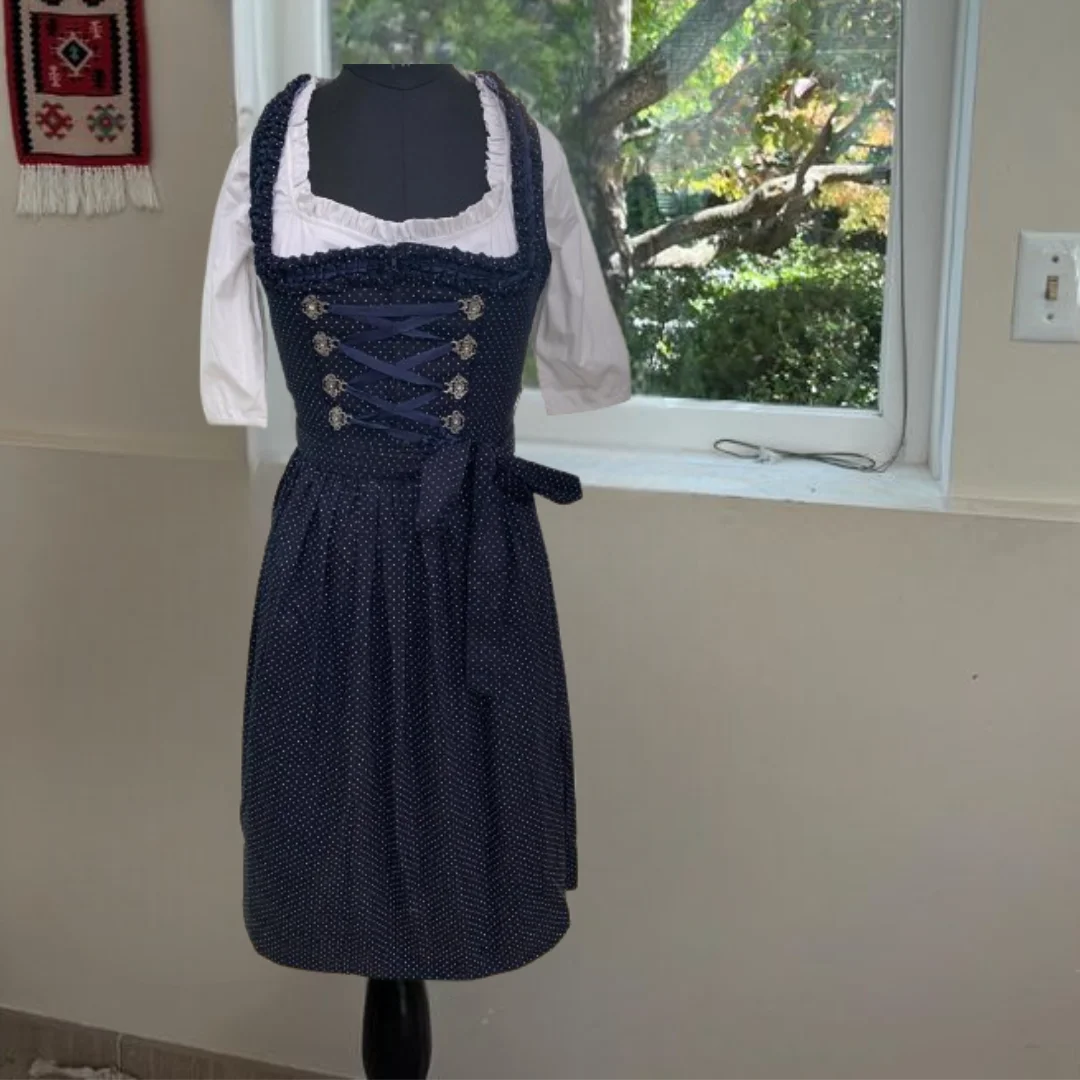 Elegant Navy Blue Dirndl Dress Polka Dot Dress with Lace-Up Classic Apron Design dress