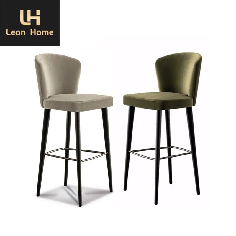 Luxury Design Italian Minimalist Wood Vintage Stool Barstool Curved-Back Fabric Counter Stool