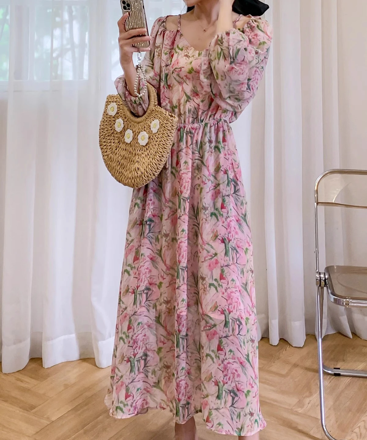 wholesale floral midi lantern sleeve vintage dress