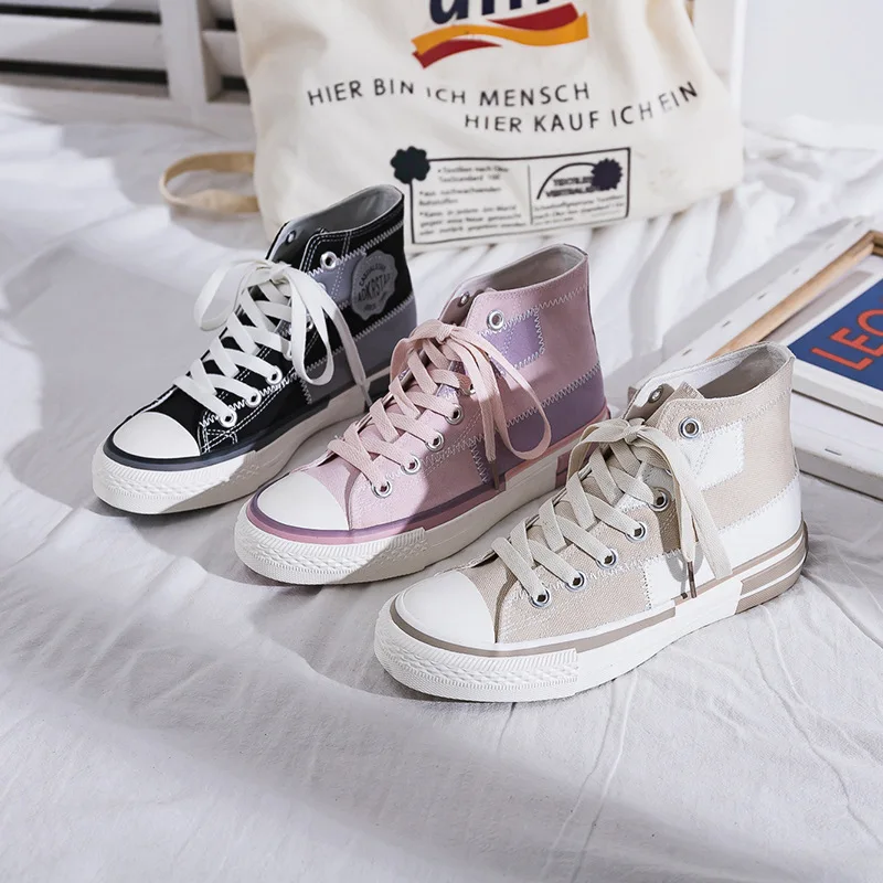 High Cut Women Canvas Shoes Rubber Outsole Fashion Color Match Harajuku Style