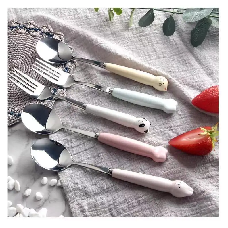 Factory price  430 food grade stainless steel  Candy Color Ceramic handle kids fork spoon set koreanJapan spoon and fork cutlery