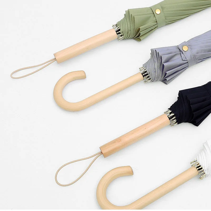 Wholesale 16 Ribs Stick umbrella Strong Windproof Straight Umbrella Wooden Handle Luxury Long Umbrella
