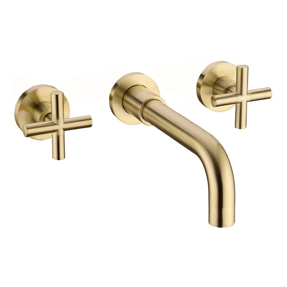 Hot Cold Water Tap Wall Mounted 3 Hole Double Cross Handle Wash Faucet Chrome Finish Brass In-wall Basin Mixer  Tap