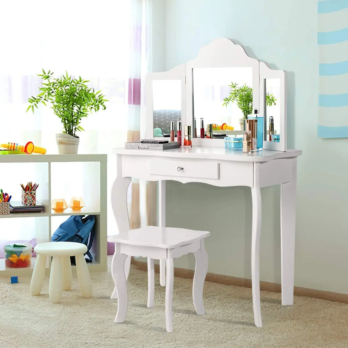 Detachable Design Kids Wooden Vanity Table and Stool Set Princess Makeup Dressing Table