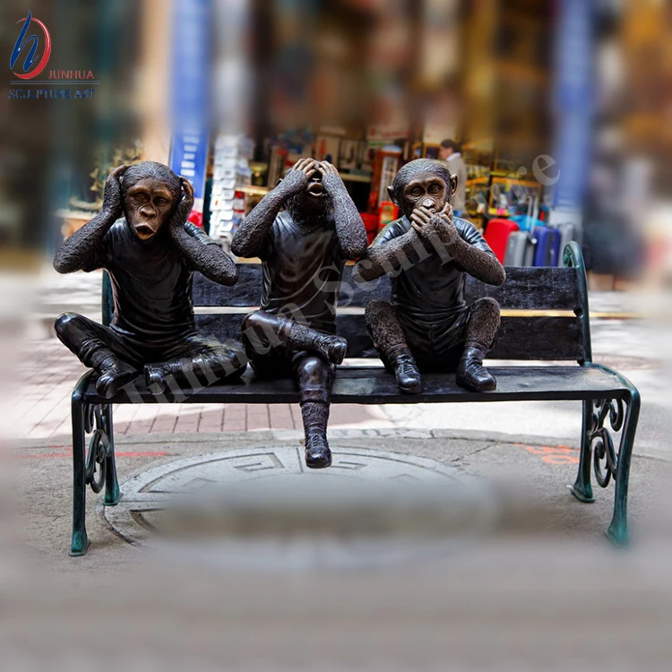 Three wise Bronze Monkeys Statue on Bench no speak no word no listen sculpture  bronze monkeys on bench sculpture