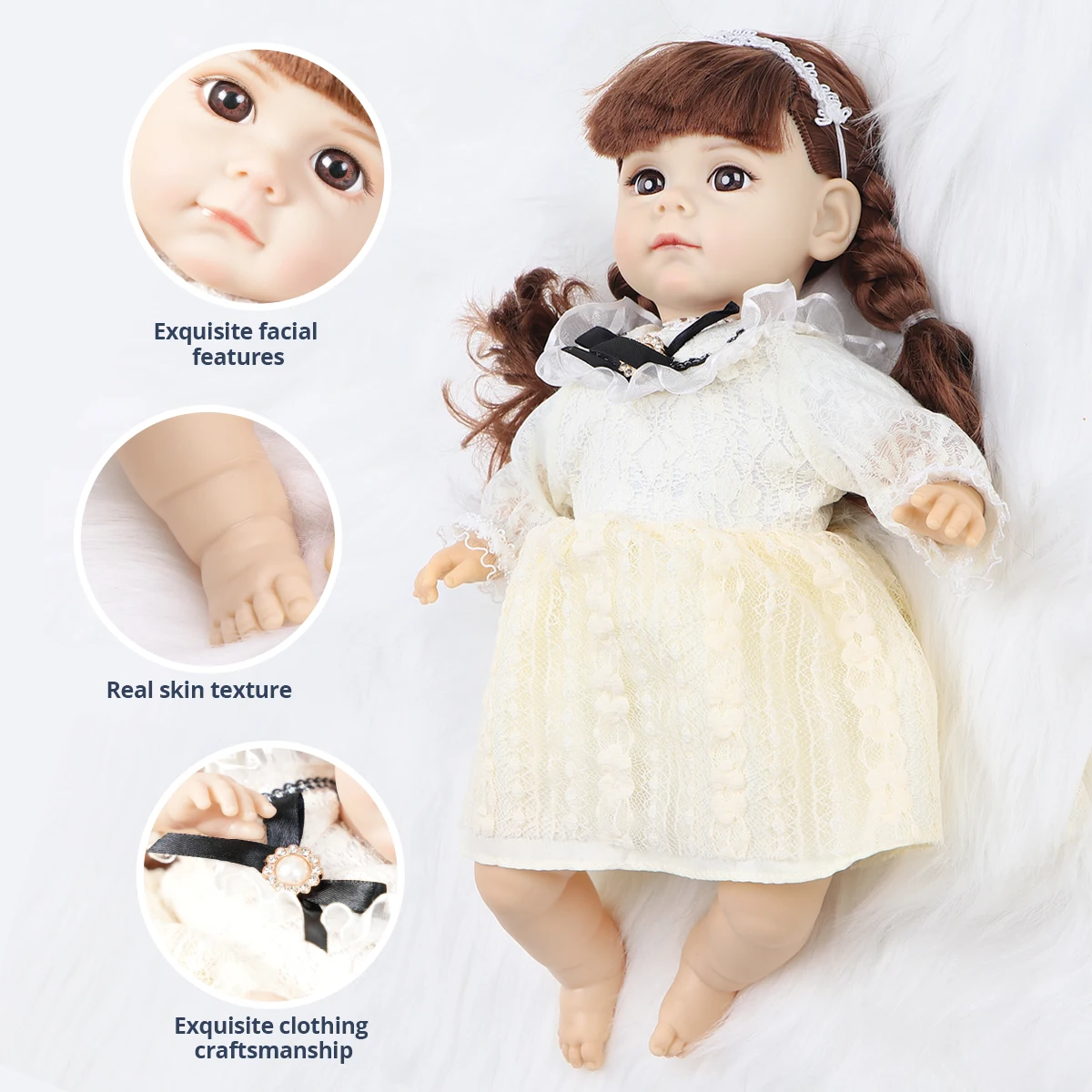 14 Lnch Baby Doll with Fashion Clothes Smooth Soft Skin Pvc Material Head Limbs, Cotton Body with Long Brown Hair Wearing a Bow