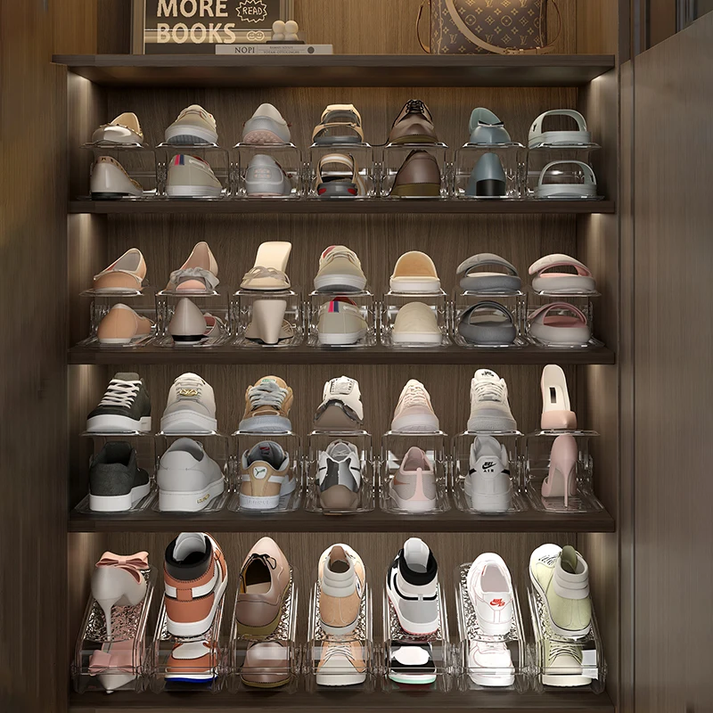 Wannuo Transparent Plastic Stackable Shoe Rack Water Ripple Design Clear Shoes Organizer Stand