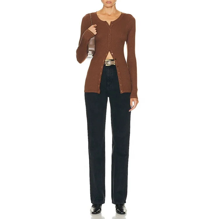 Latest fashion design high quality elegant fitness wide neck long sleeve soft shirts for women brown blouses