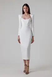 High Quality Long Sleeve Shoulder Pads Knitted Solid Color Women Elegant Bandage Dress