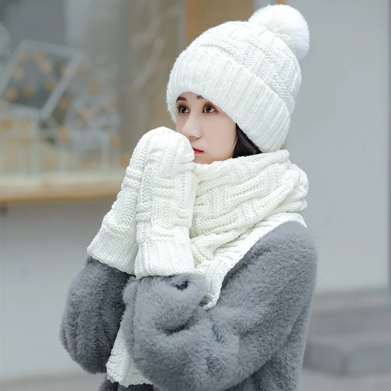 Hot Sale 100% Acrylic Camel wool scarf Hats gloves  with pompom