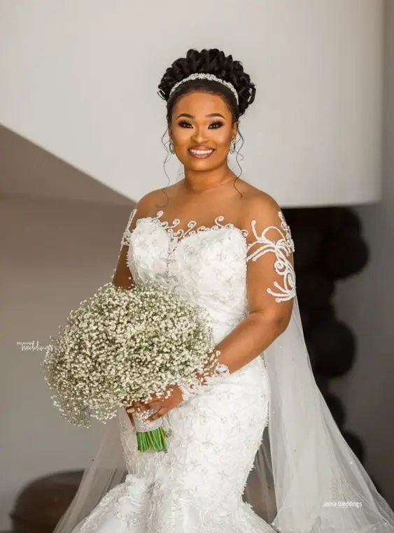 2023 African Mermaid Wedding Dresses Sheer Long Sleeve Lace Applique Customise Elegant Bridal Wedding Gowns