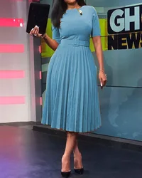 Classy Cute Pure Color Crew Neck High Waist Elegant Dress Short Sleeve Organ Pleated Dress With Belt Ladies