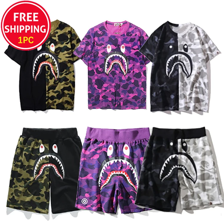 Customs Wholesale Vintage Fashion Gym Camo Bape Shark Short t Shirt Set Mens Oversized Bape Shirt